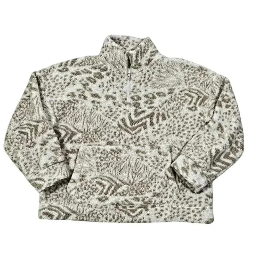 American Eagle Sherpa 1/4 Zip Pullover Medium Cream Animal Print Cozy
